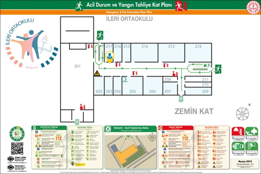 İleri Ortaokulu Binası ISO 23601 Acil Durum Tahliye ve Yangın Tahliye Kat Planları