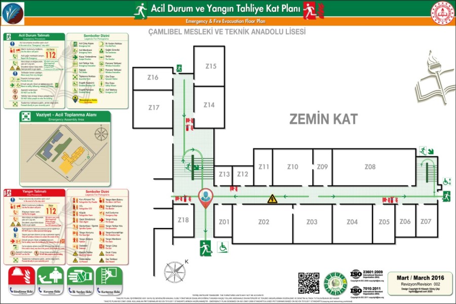 Camlibel Mesleki ve Teknik Anadolu Lisesi Binası ISO 23601 Acil Durum Tahliye ve Yangın Tahliye Kat Planları