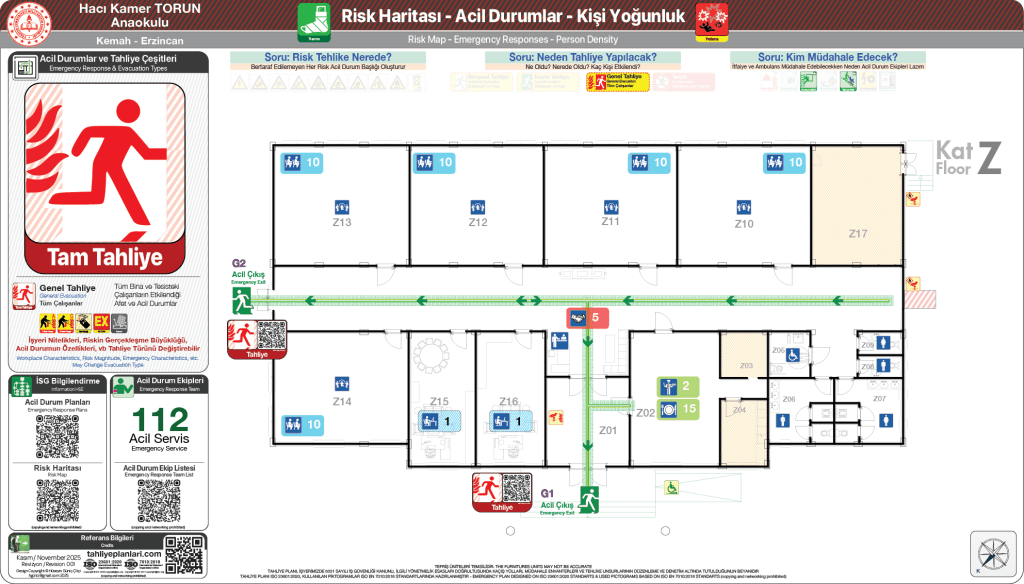 ISO 23601 Acil Durum ve Yangın Tahliye Planı,
Tahliye Krokisi,
Acil Durum Müdahale Prosedürleri Panosu,
ISO 7010 Uyarı Levhaları ve 16069 Acil Durum Yönlendirmeleri,
ISO 7010 Safety Signs; 16069 Emergency Way Guidance,