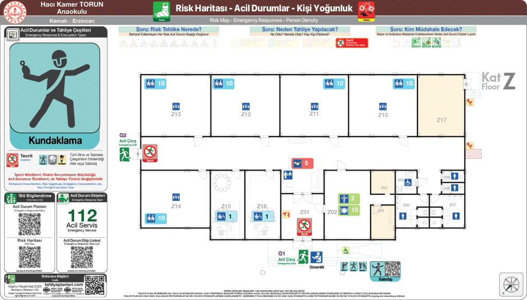 ISO 23601 Acil Durum ve Yangın Tahliye Planı,
Tahliye Krokisi,
Acil Durum Müdahale Prosedürleri Panosu,
ISO 7010 Uyarı Levhaları ve 16069 Acil Durum Yönlendirmeleri,
ISO 7010 Safety Signs; 16069 Emergency Way Guidance,