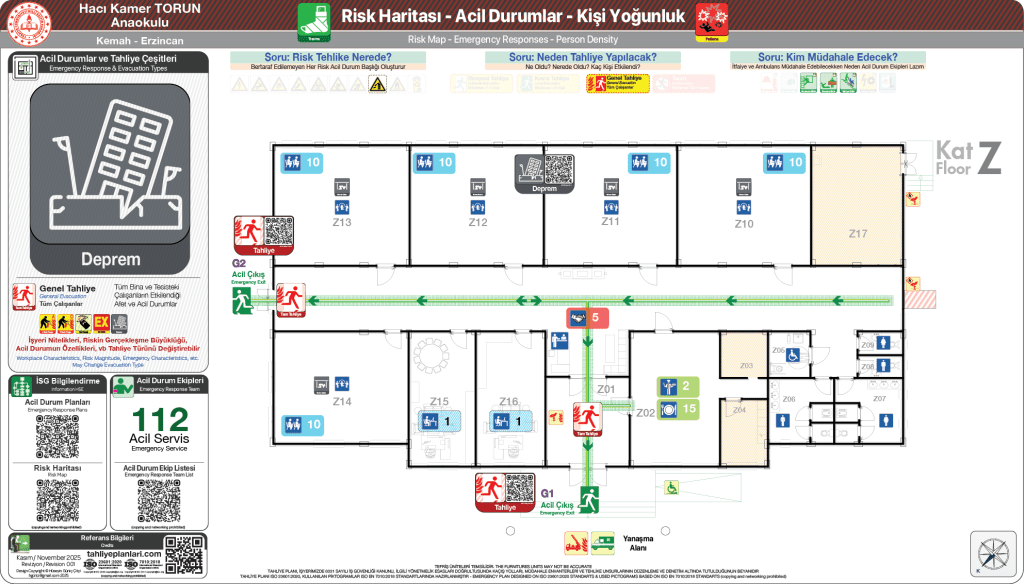ISO 23601 Acil Durum ve Yangın Tahliye Planı,
Tahliye Krokisi,
Acil Durum Müdahale Prosedürleri Panosu,
ISO 7010 Uyarı Levhaları ve 16069 Acil Durum Yönlendirmeleri,
ISO 7010 Safety Signs; 16069 Emergency Way Guidance,