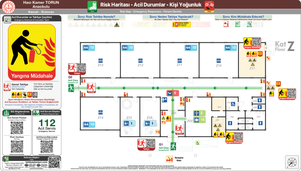 ISO 23601 Acil Durum ve Yangın Tahliye Planı,
Tahliye Krokisi,
Acil Durum Müdahale Prosedürleri Panosu,
ISO 7010 Uyarı Levhaları ve 16069 Acil Durum Yönlendirmeleri,
ISO 7010 Safety Signs; 16069 Emergency Way Guidance,