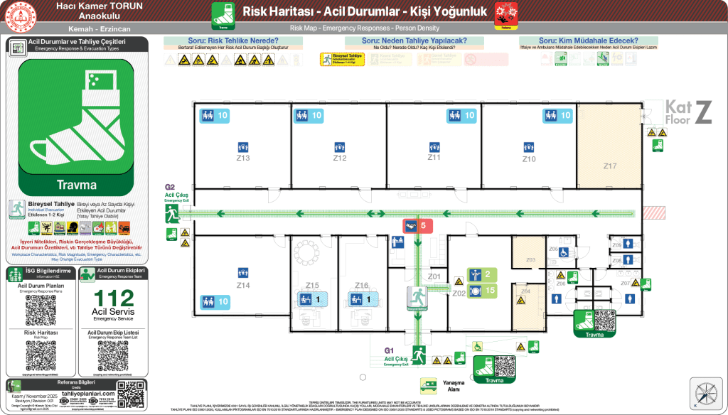 ISO 23601 Acil Durum ve Yangın Tahliye Planı,
Tahliye Krokisi,
Acil Durum Müdahale Prosedürleri Panosu,
ISO 7010 Uyarı Levhaları ve 16069 Acil Durum Yönlendirmeleri,
ISO 7010 Safety Signs; 16069 Emergency Way Guidance,