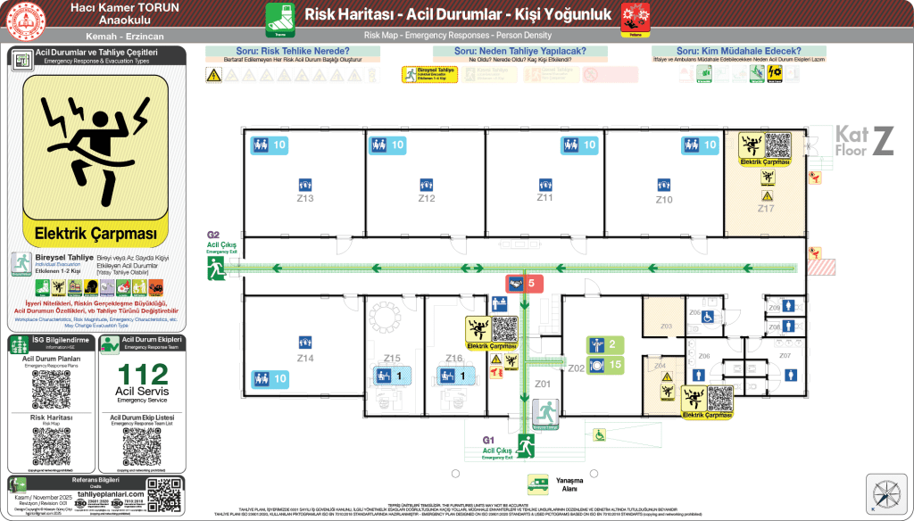 ISO 23601 Acil Durum ve Yangın Tahliye Planı,
Tahliye Krokisi,
Acil Durum Müdahale Prosedürleri Panosu,
ISO 7010 Uyarı Levhaları ve 16069 Acil Durum Yönlendirmeleri,
ISO 7010 Safety Signs; 16069 Emergency Way Guidance,