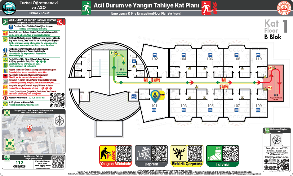Öğretmenevi Konaklama Oda Kapı Arkası ISO 23601 Acil Durum ve Yangın Tahliye Kat Planı