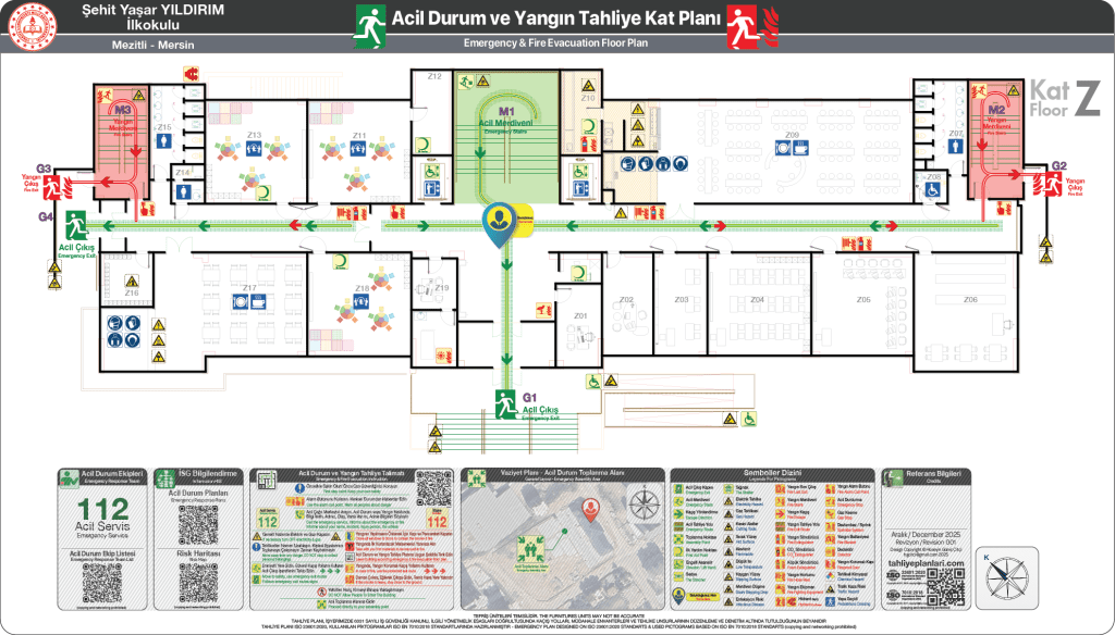 İlkokul Binası Acil Durum ve Yangın Tahliye Planı
ISO 23601 Acil Durum ve Yangın Tahliye Planı,
Tahliye Krokisi,
Acil Durum Müdahale Prosedürleri Panosu,
ISO 7010 Uyarı Levhaları ve 16069 Acil Durum Yönlendirmeleri,
ISO 7010 Safety Signs; 16069 Emergency Way Guidance,